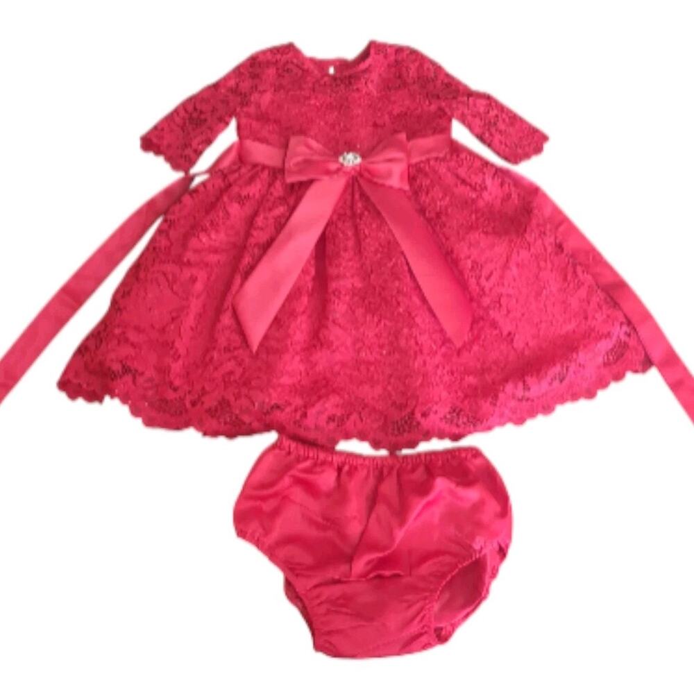 Rare Editions Baby Girls Red Glitter Lace Dress with Bow 12 Months EUC